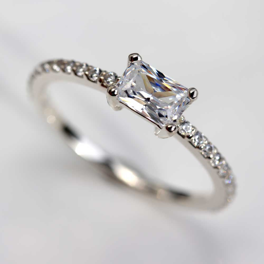 Emerald Cut East-West Basket Pave Engagement Ring