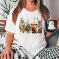 Women's Cartoon Skull Milk Tea Print Round Neck Tee, Fashion Casual Short Sleeve T Shirt For Daily Wear, Unisex Short Sleeve Tee Womenswear Cotton