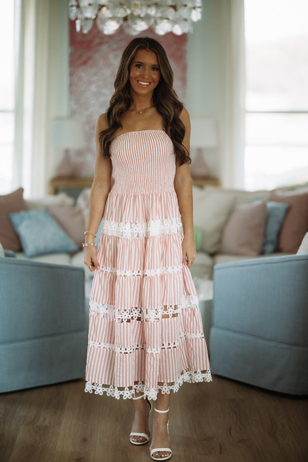 Early Dawn Striped Midi Dress - Pink and White