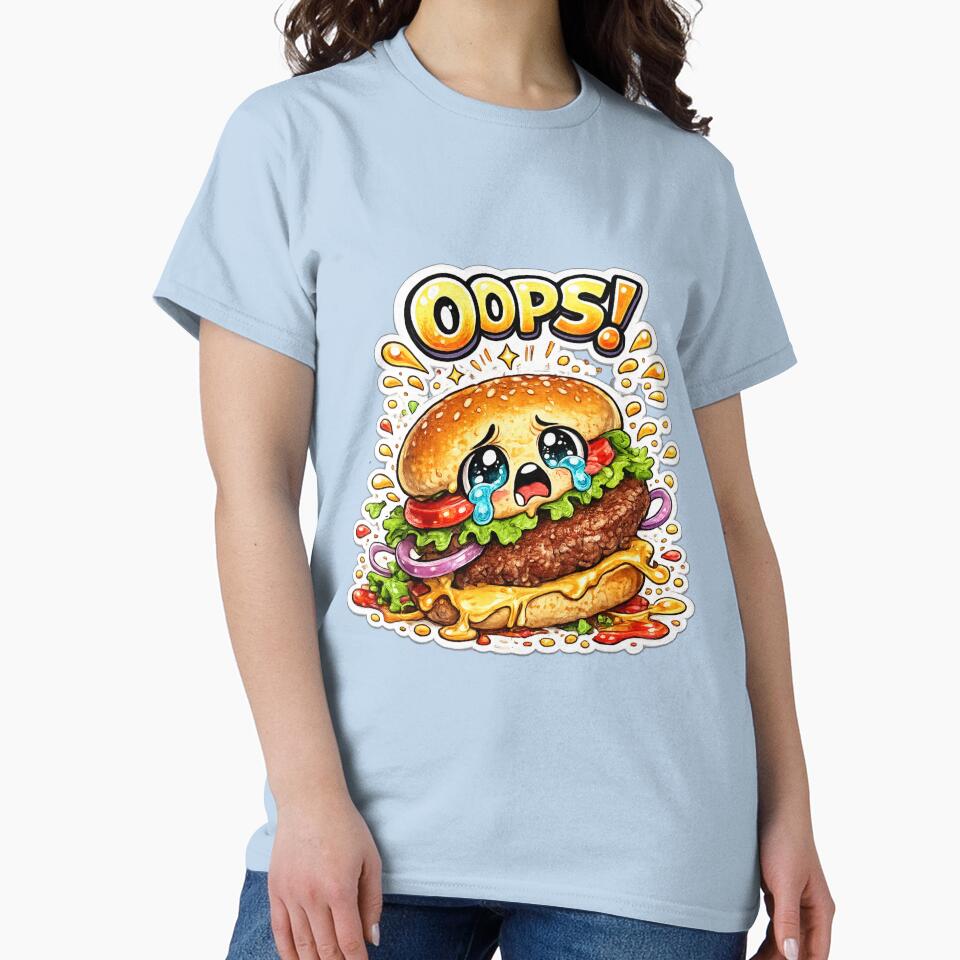 Oops Burger – Cute Kawaii Dropped Burger Manga Design by Kevin Shearer Unisex T-shirt, Sweatshirt, Hoodie, Long Sleeve Tee