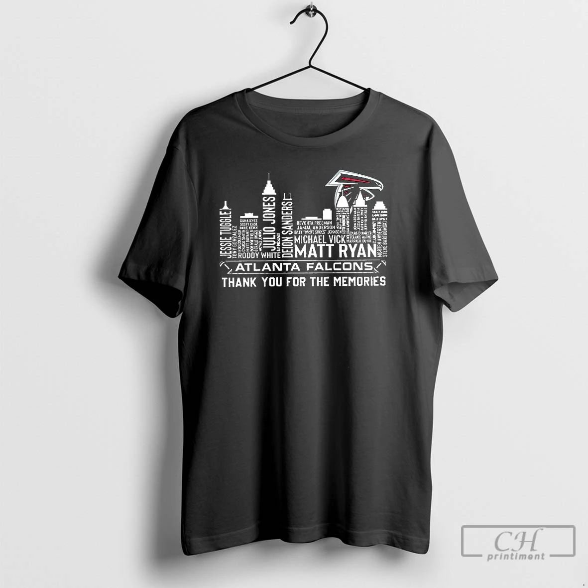 Premium Atlanta Falcons Football Thank You For The Memories Name Player Skyline T Shirts Unisex T-shirt, Sweatshirt, Hoodie, Long Sleeve Tee